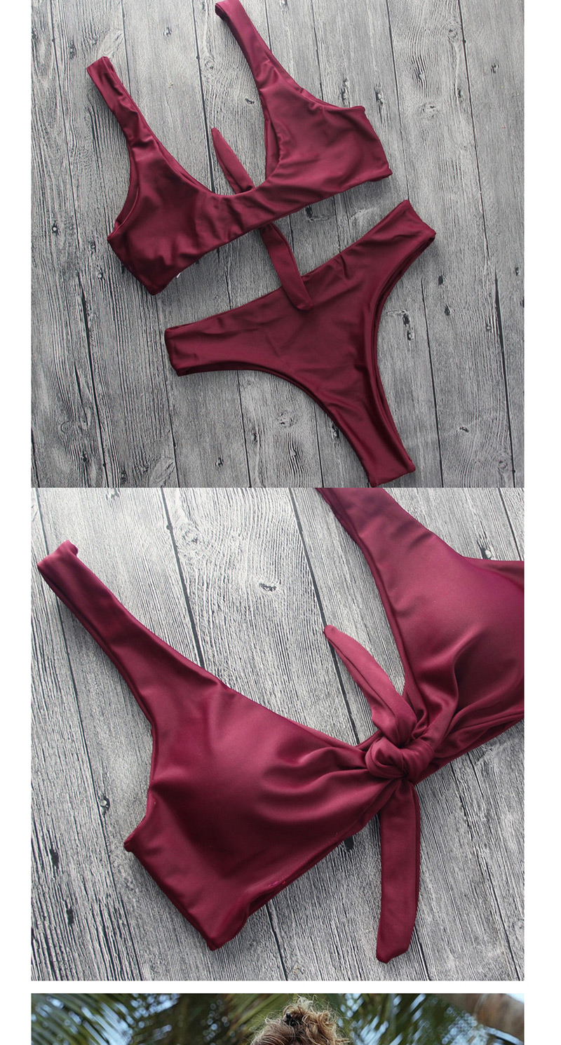 Fashion Claret Red Pure Color Decorated Swimwear,Bikini Sets
