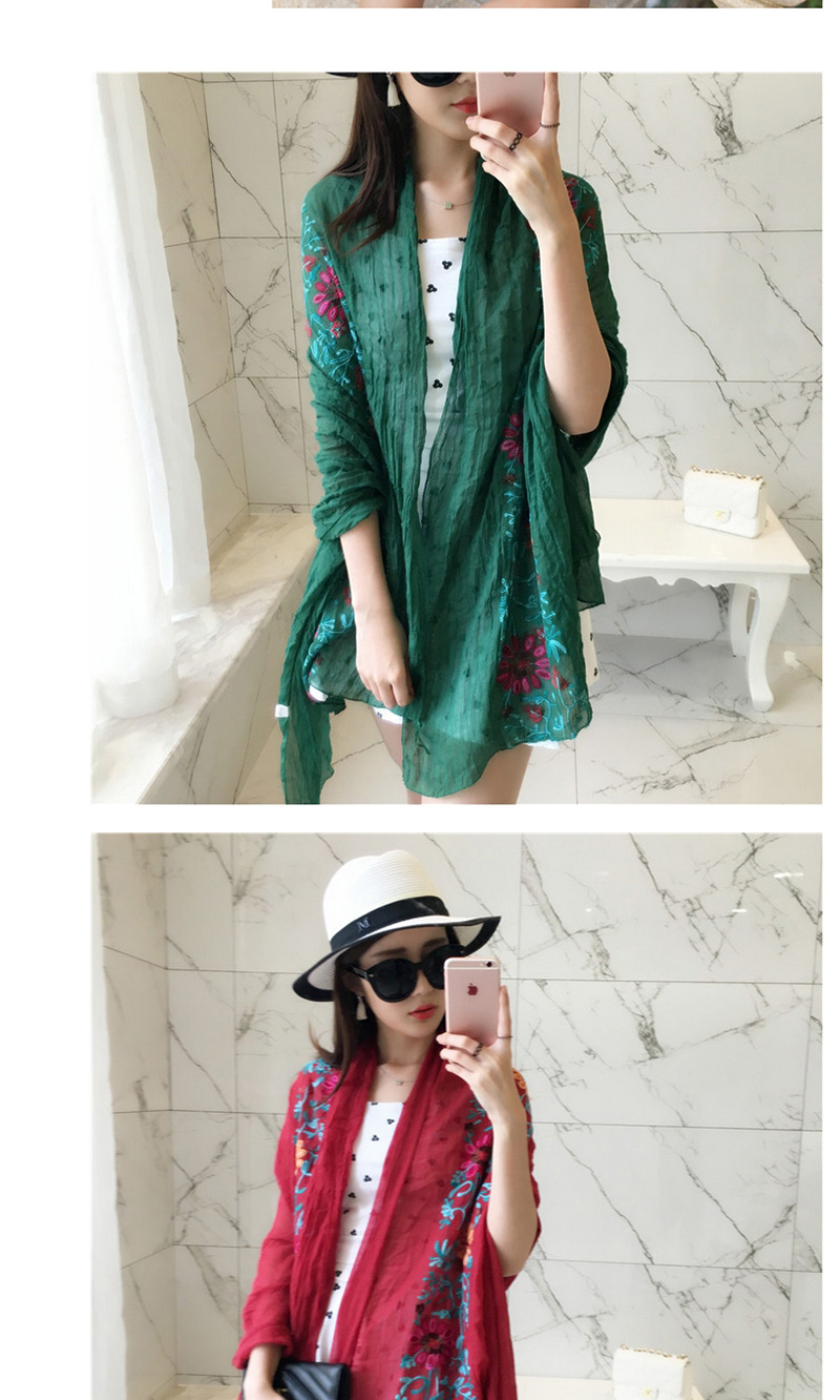 Trendy Green Embroidery Flower Decorated Scarf,Cover-Ups