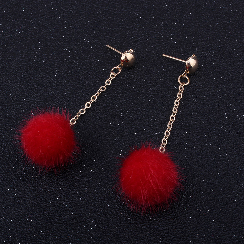 Cute Red Fuzzy Ball Decorated Pom Earrings,Drop Earrings