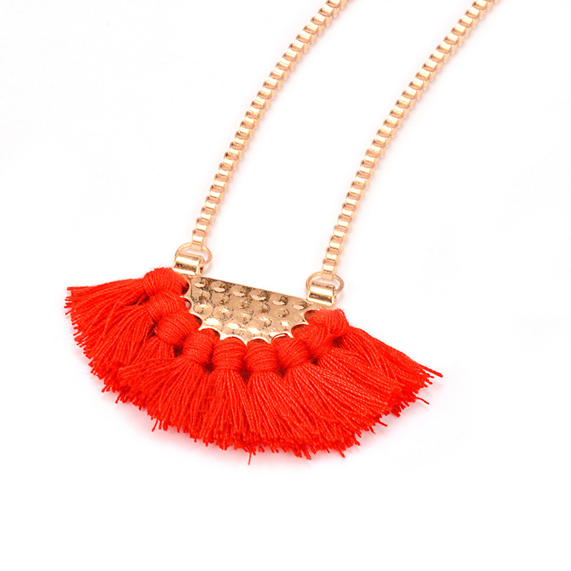 Bohemia Plum-red Fan Shape Decorated Tassel Necklace,Thin Scaves