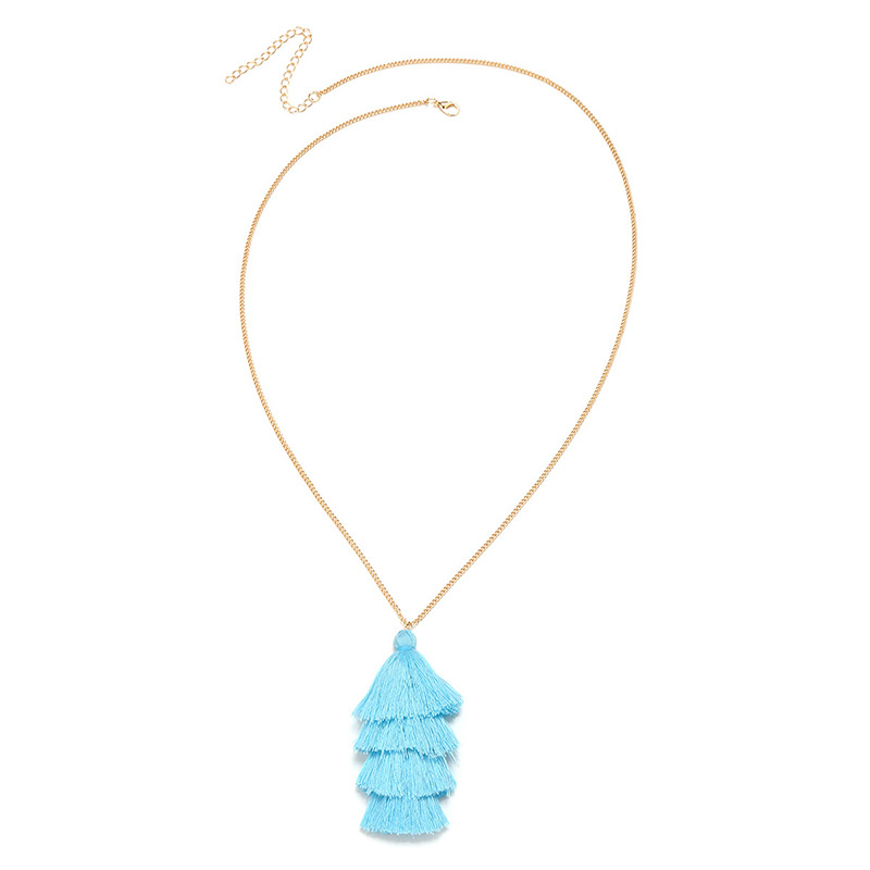 Bohemia Blue Pure Color Decorated Tassel Necklace,Pendants