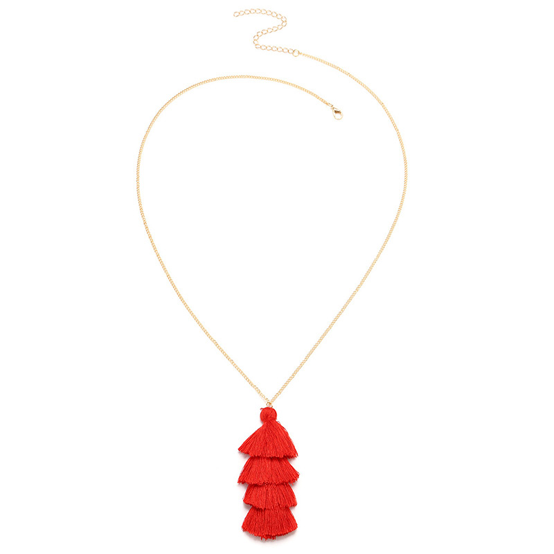 Bohemia Red Pure Color Decorated Tassel Necklace,Thin Scaves