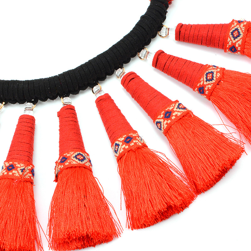 Bohemia Red Hand-woven Decorated Tassel Necklace,Thin Scaves