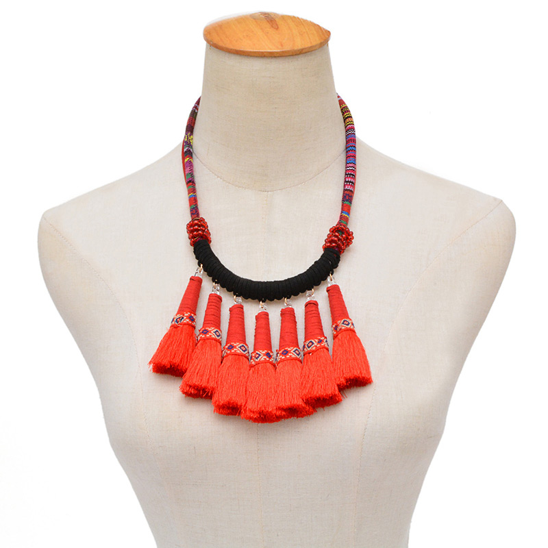 Bohemia Red Hand-woven Decorated Tassel Necklace,Thin Scaves