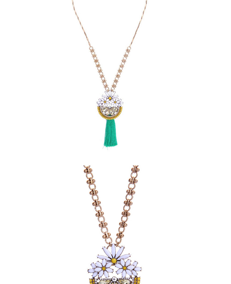 Trendy Green+gold Color Flower&tassel Pendant Decorated Long Necklace,Thin Scaves