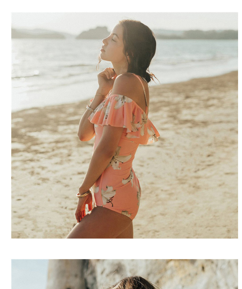 Sexy Pink+white Flower Pattern Decorated Off Shoulder Bikini,One Pieces