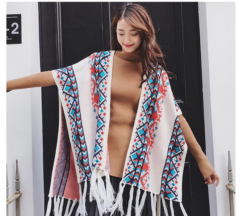 Trendy White Tassel Decorated Cloak Shape Dual-use Scarf,knitting Wool Scaves