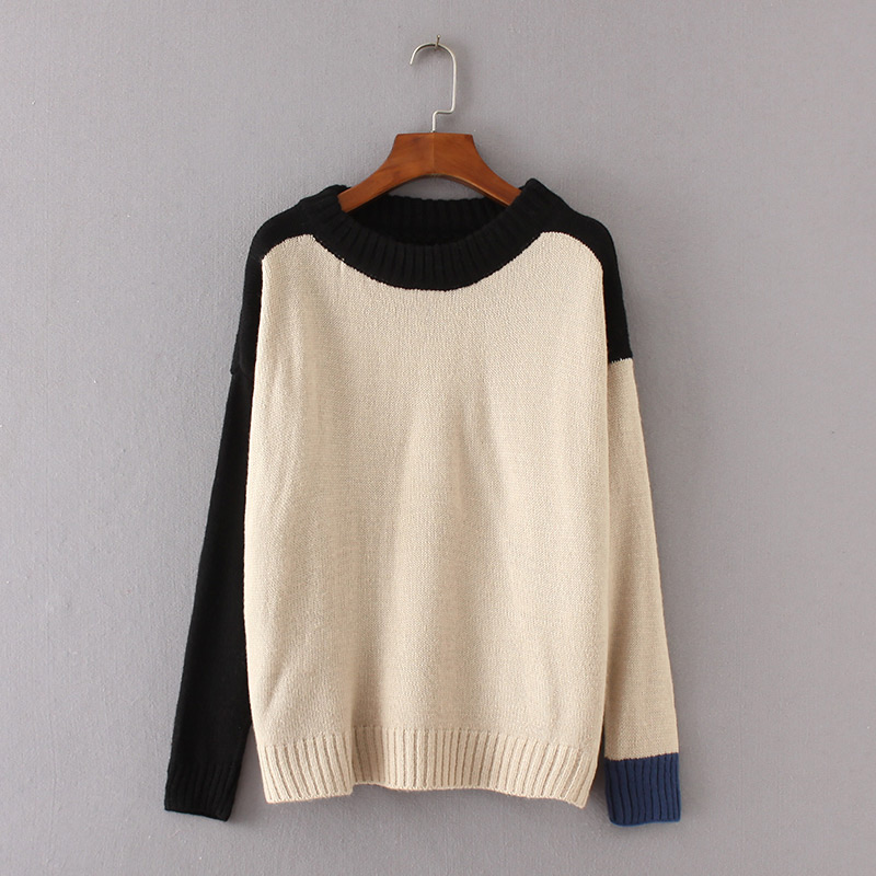 Trendy Blue Color Matching Decorated Round Neckline Sweater,Sweater