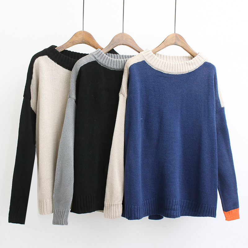 Trendy Blue Color Matching Decorated Round Neckline Sweater,Sweater