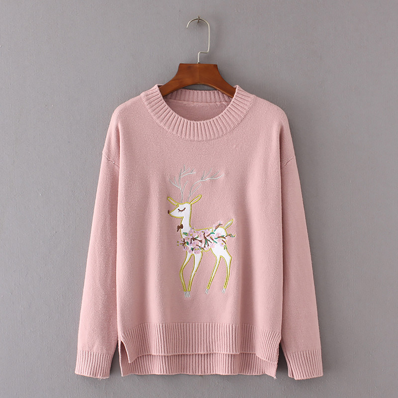 Trendy Pink Deer Pattern Decorated Pure Color Sweater,Sweater
