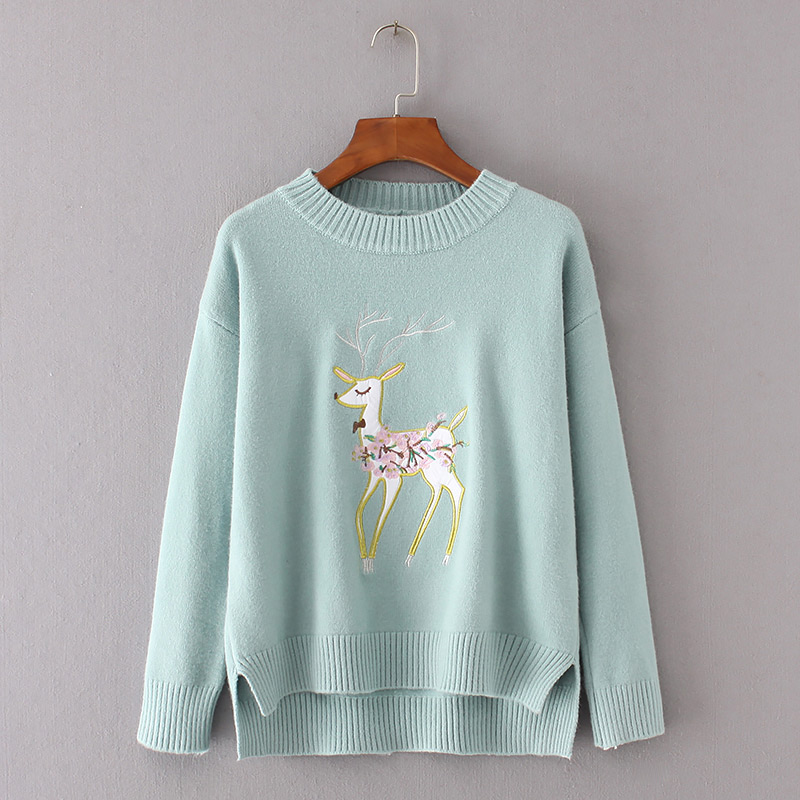 Trendy Blue Deer Pattern Decorated Pure Color Sweater,Sweater