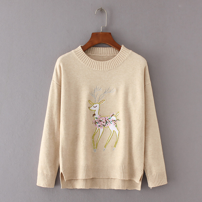 Trendy Khaki Deer Pattern Decorated Pure Color Sweater,Sweater