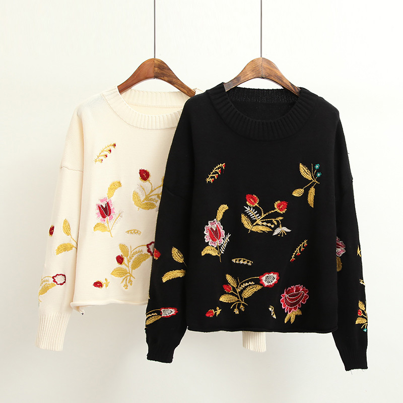 Trendy Black Embroidery Flower Decorated Round Neckline Sweater,Sweater
