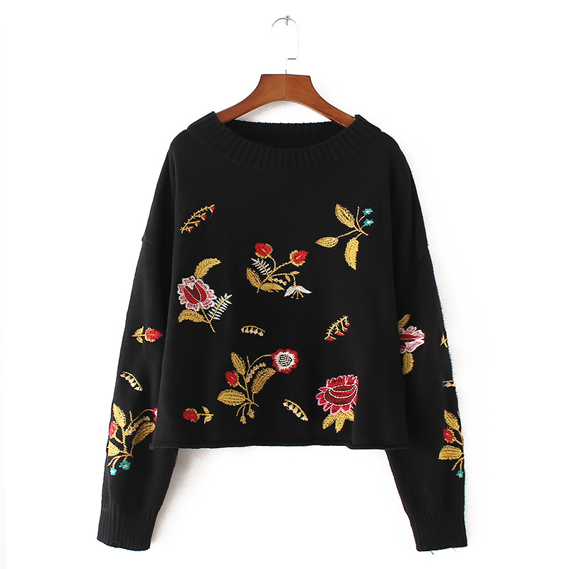 Trendy Black Embroidery Flower Decorated Round Neckline Sweater,Sweater