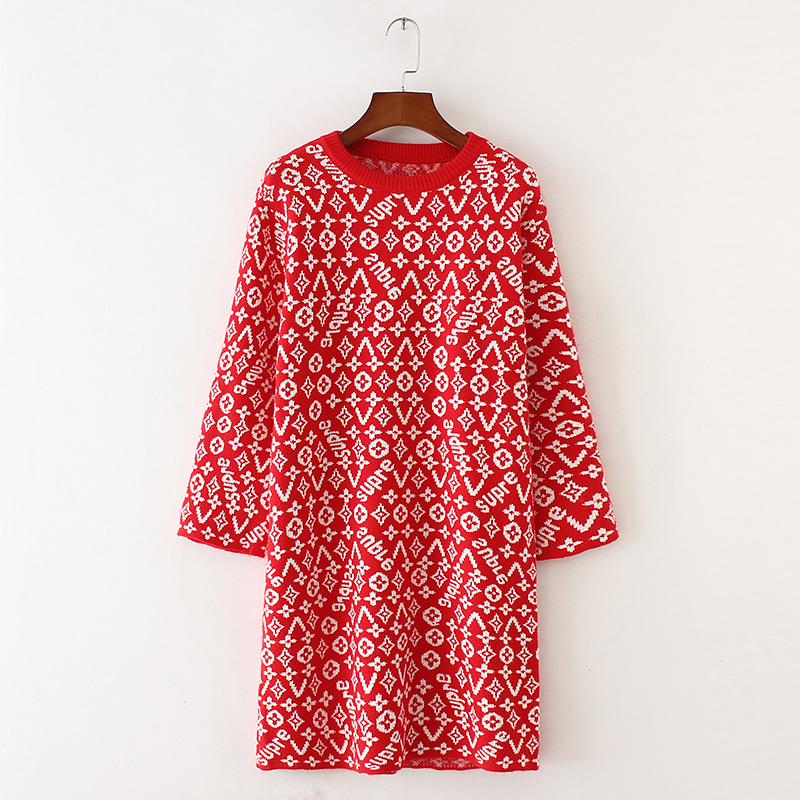 Trendy Red Flower Pattern Decorated Long Sweater,Sweater