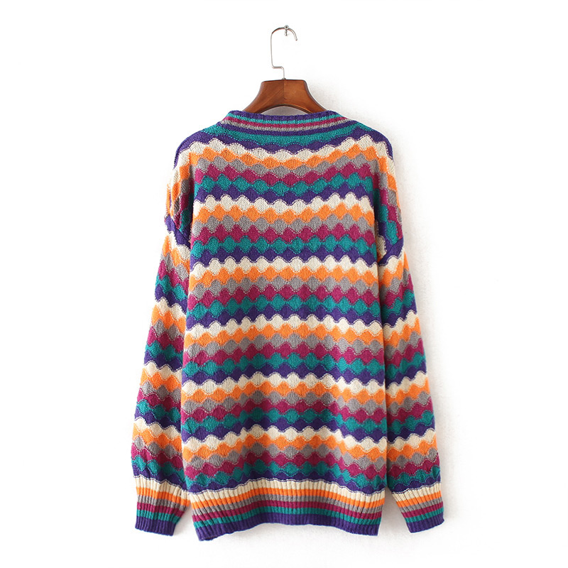 Trendy Multi-color Wave Pattern Decorated Round Neckline Sweater,Sweater