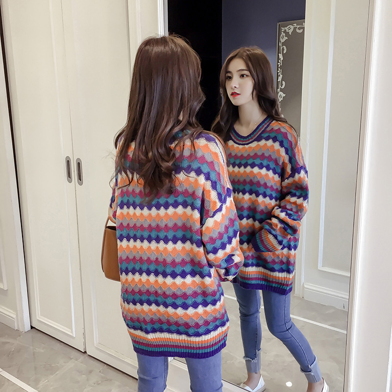 Trendy Multi-color Wave Pattern Decorated Round Neckline Sweater,Sweater