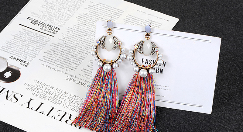 Fashion Multi-color Pearls Decorated Long Tassel Earrings,Drop Earrings