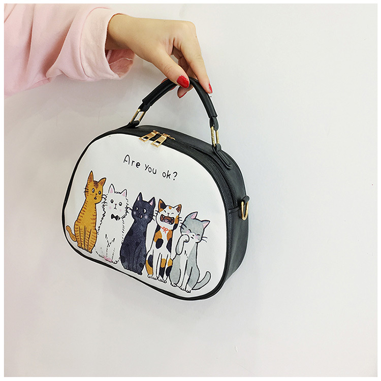 Elegant Black Cartoon Cats Decorated Mini Shoulder Bag,Handbags