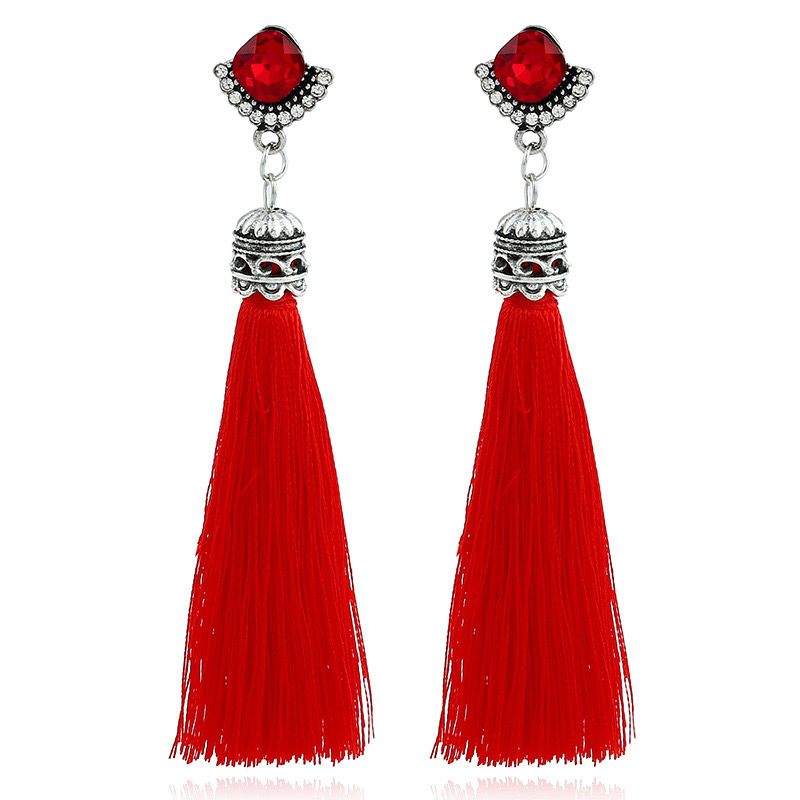 Fashion Red Diamond Decorated Long Tassel Earrings,Drop Earrings