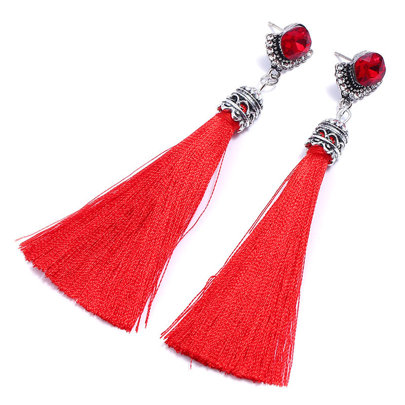 Fashion Red Diamond Decorated Long Tassel Earrings,Drop Earrings