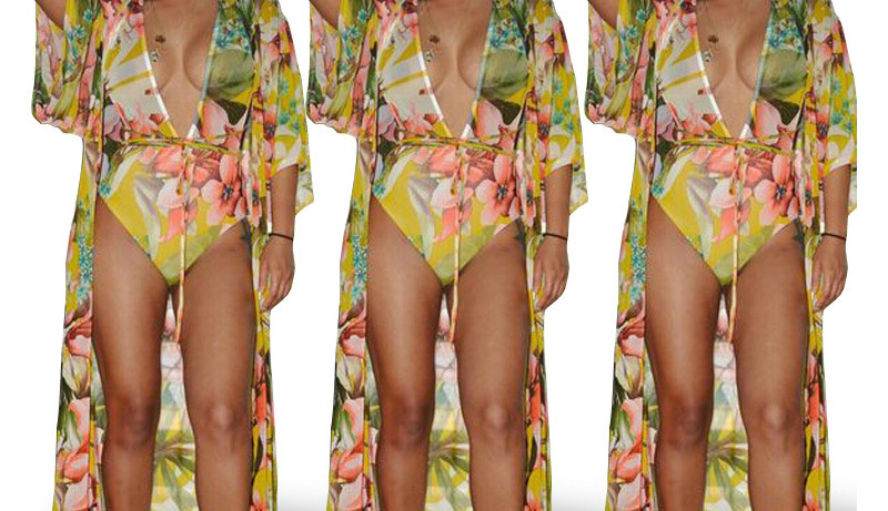 Fashion Yellow Flower Pattern Decorated Swimwear ( 2 Pcs),Sunscreen Shirts