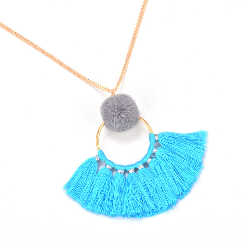 Fashion Blue Tassel Decorated Pom Necklace,Thin Scaves