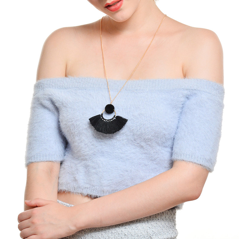 Fashion Black Tassel Decorated Pom Necklace,Thin Scaves