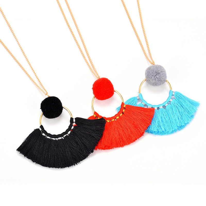 Fashion Blue Tassel Decorated Pom Necklace,Thin Scaves