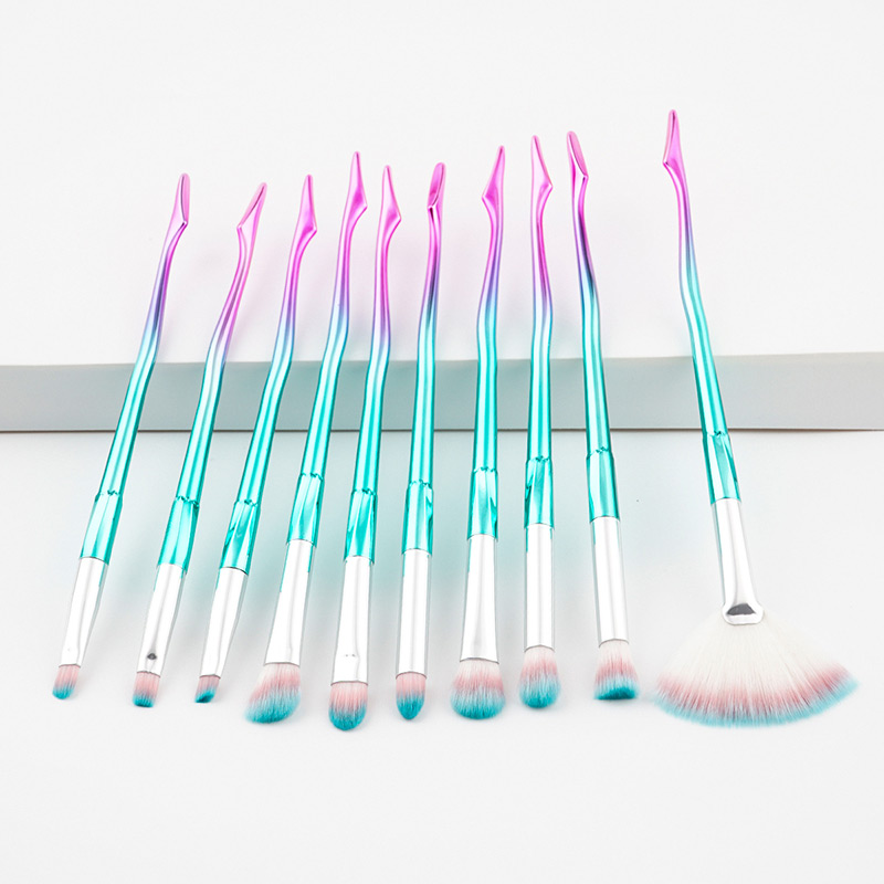 Fashion Pink+blue Sector Shape Decorated Color Matching Makeup Brush(10pcs),Beauty tools
