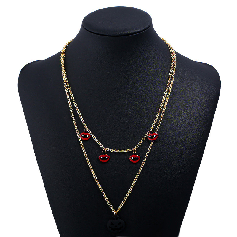 Fashion Red+gold Color Lip&pumpkin Pendant Decorated Long Necklace,Multi Strand Necklaces