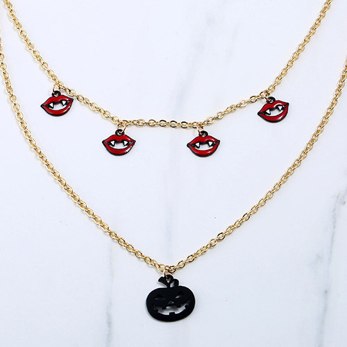 Fashion Red+gold Color Lip&pumpkin Pendant Decorated Long Necklace,Multi Strand Necklaces