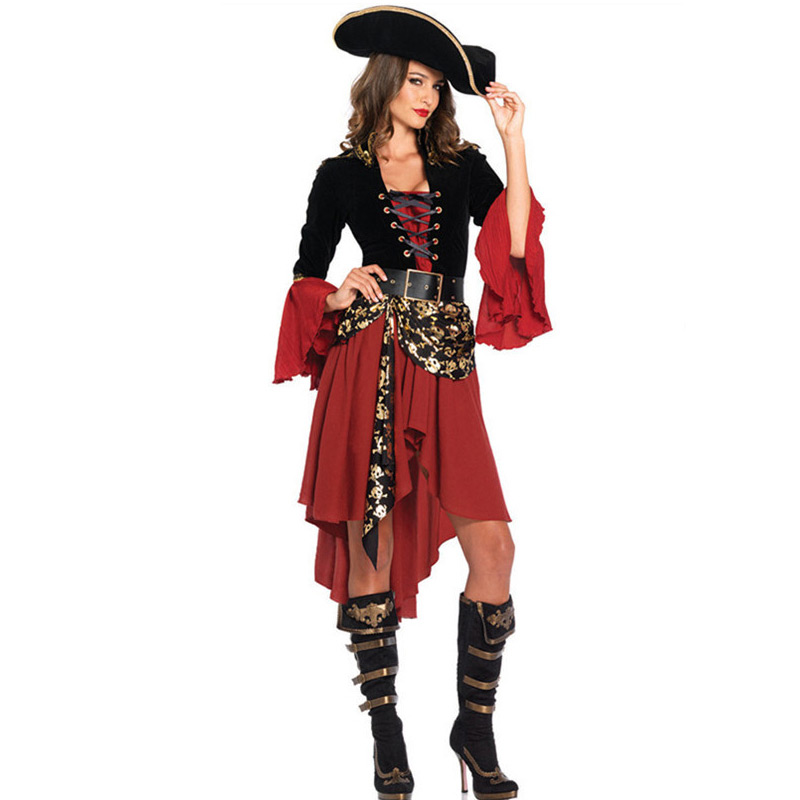 Fashion Red Skull Pattern Decorated Cosplay Costume（Hat， dress ，belt）,Festival & Party Supplies