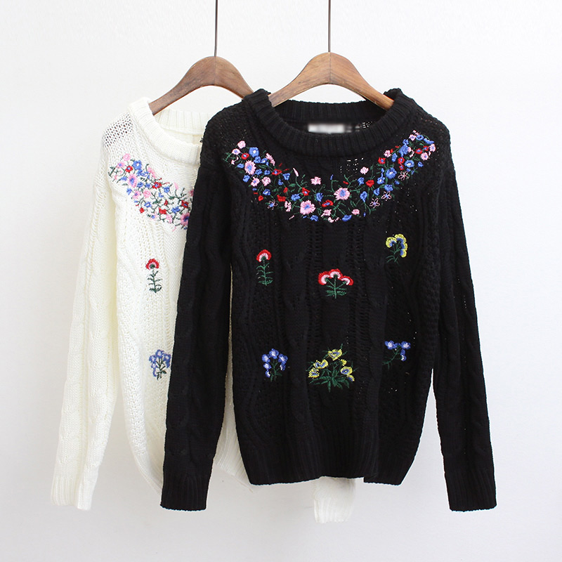 Fashion White Flower Pattern Decorated Long Sleeve Sweater,Sweater