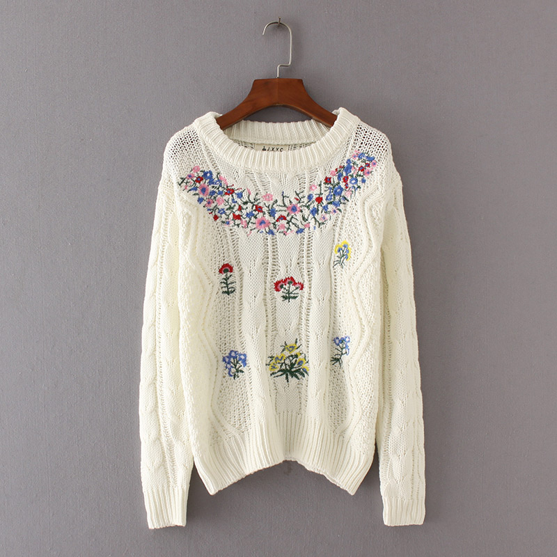 Fashion White Flower Pattern Decorated Long Sleeve Sweater,Sweater