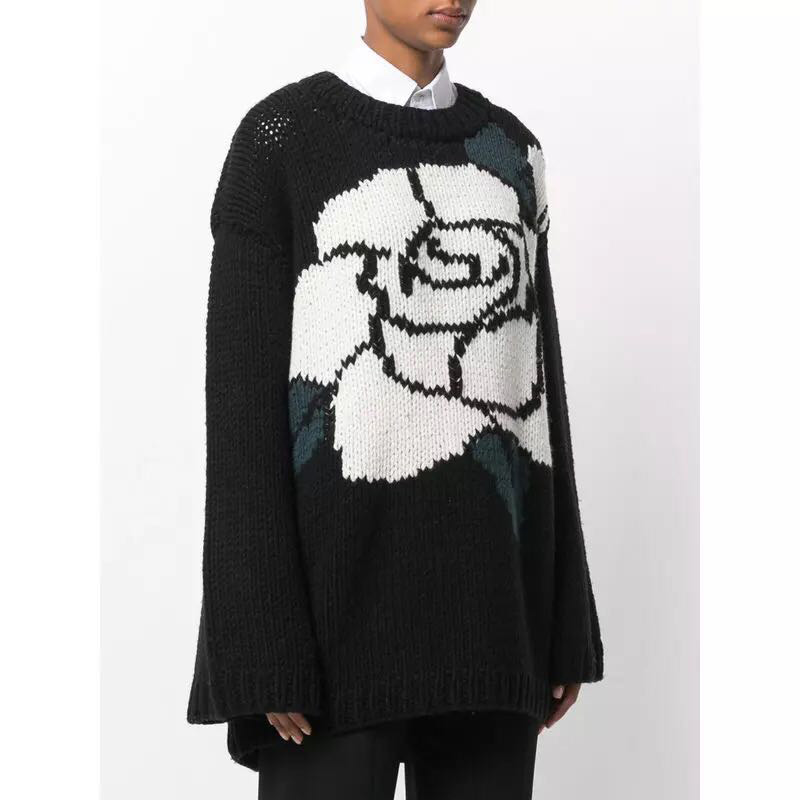 Fashion Black Flower Pattern Decorated Long Sleeve Sweater,Sweater