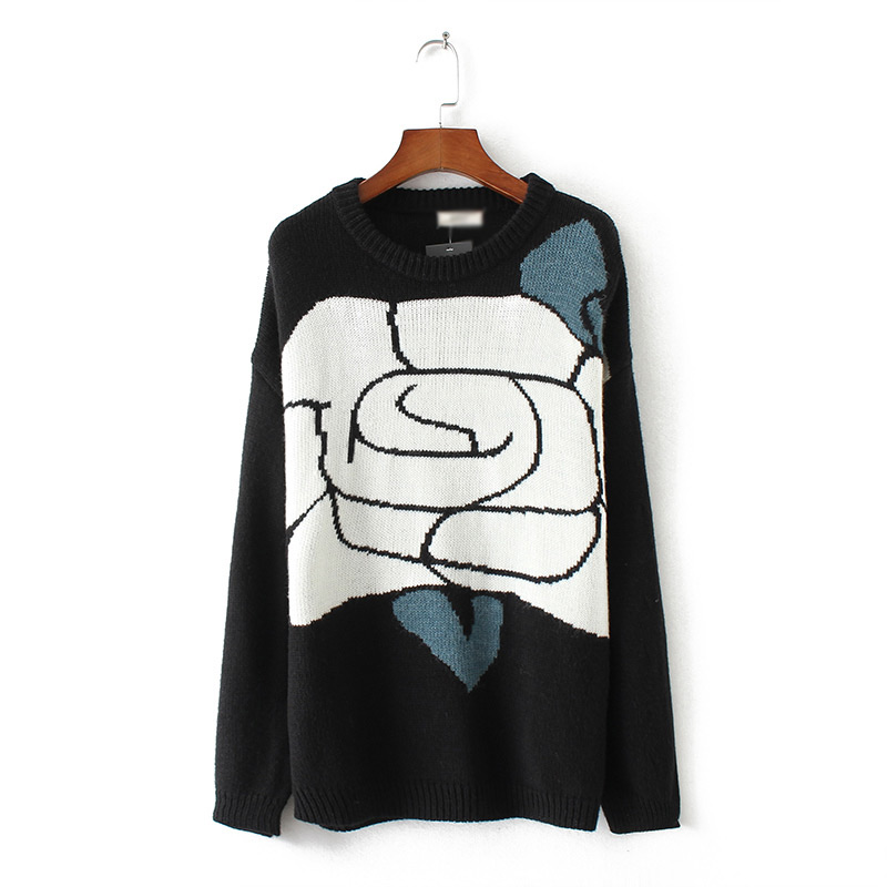 Fashion Black Flower Pattern Decorated Long Sleeve Sweater,Sweater