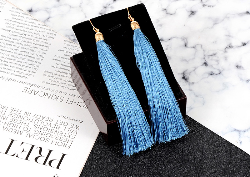 Fashion Lake Blue Long Tassel Decorated Pure Color Earrings,Drop Earrings