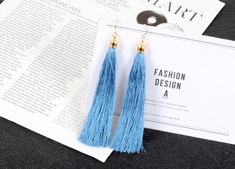 Fashion Sapphire Blue Long Tassel Decorated Pure Color Earrings,Drop Earrings