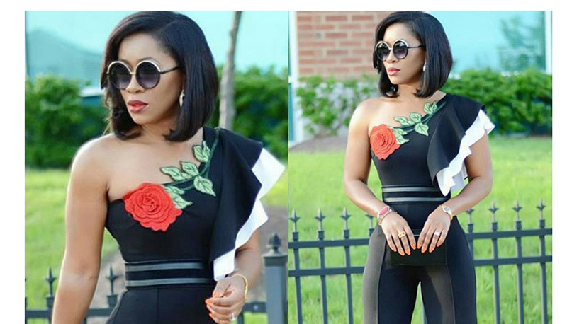 Fashion Black Embroidery Flower Design One-shoulder Jumpsuit,Pants