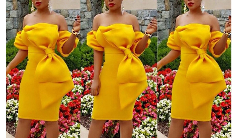 Sweet Yellow Bowknot Design Pure Color Off-the-shoulder Dress,Long Dress