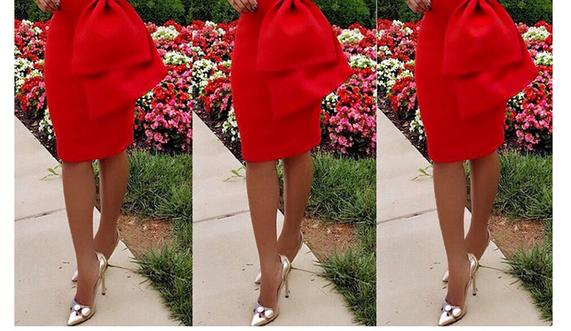 Sweet Red Bowknot Design Pure Color Off-the-shoulder Dress,Long Dress
