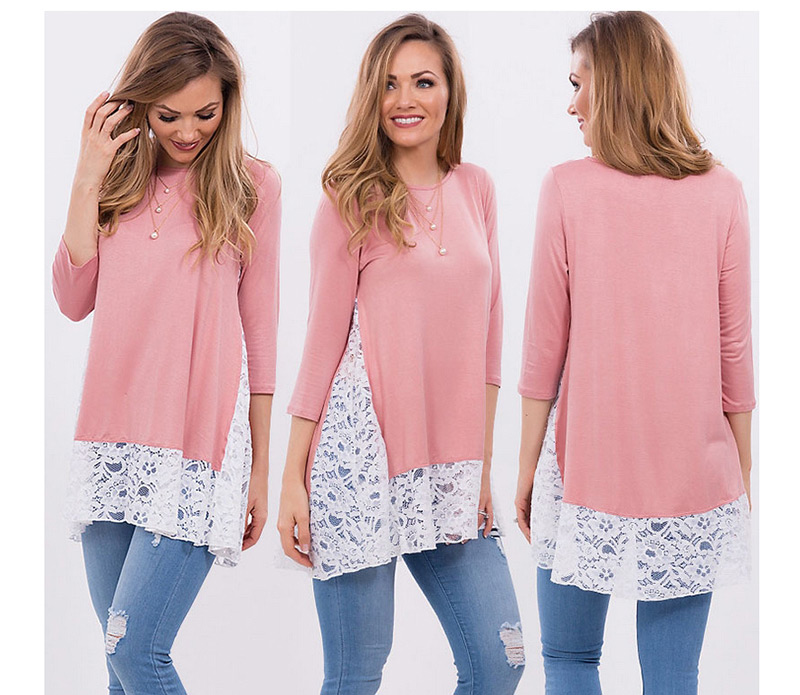 Trendy Pink Lace Design Three-quarter Sleeves T-shirt,Tank Tops & Camis