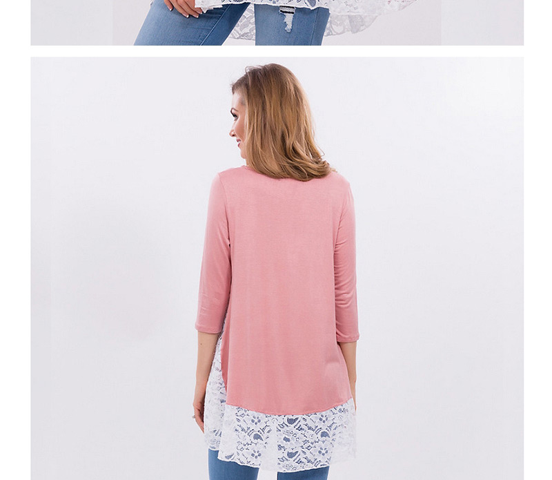 Trendy Pink Lace Design Three-quarter Sleeves T-shirt,Tank Tops & Camis