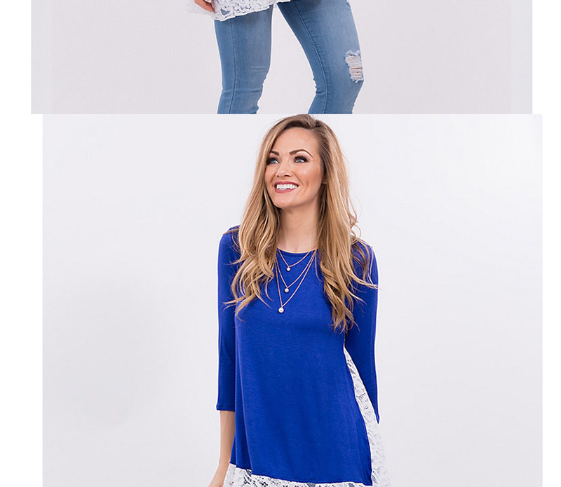 Trendy Sapphire Blue Lace Design Three-quarter Sleeves T-shirt,Tank Tops & Camis