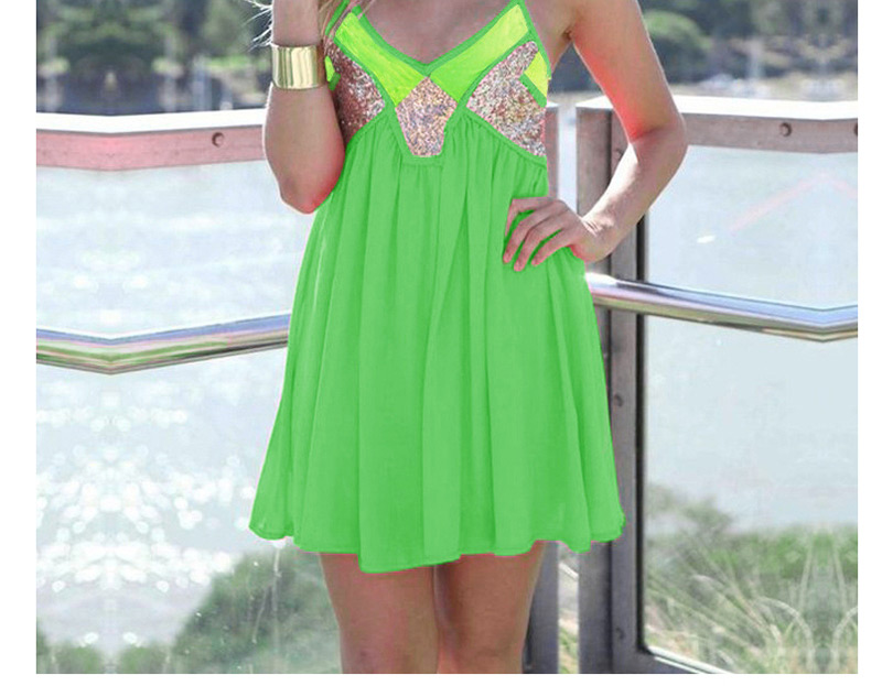 Trendy Green V Neckline Design Patchwork Suspender Dress,Long Dress