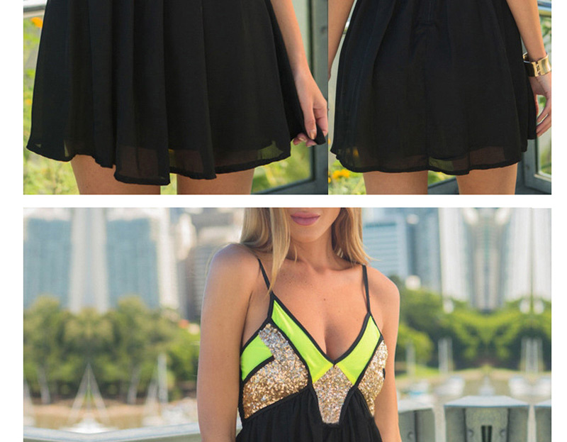 Trendy Black V Neckline Design Patchwork Suspender Dress,Long Dress