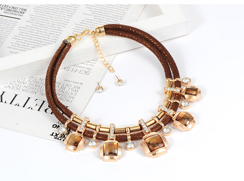 Trendy Brown Square Shape Decorated Double Layer Jewelry Sets,Jewelry Sets