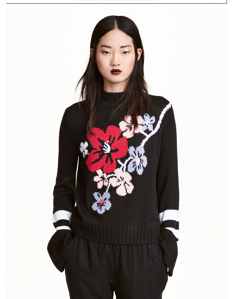 Trendy Black Flower Pattern Decorated Long Sleeves Sweater,Sweater