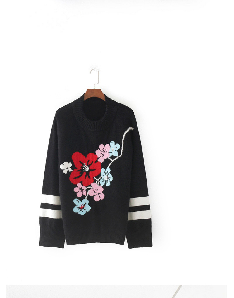 Trendy Black Flower Pattern Decorated Long Sleeves Sweater,Sweater